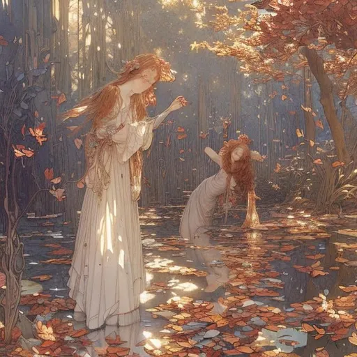 Prompt: Charles Robinson, Eleanor Fortescue-Brickdale, Japanese Anime　surreal　fanciful　wondrous　strange　Whimsical　Sci-Fi Fantasy　Cafe sinking in the sea of autumn leaves　beautiful innocent girl Hyperdetailed high resolution high quality masterpiece
