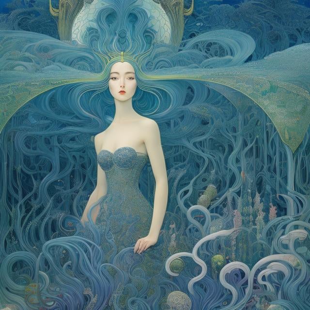 Prompt: Kay Nielsen, Ivan Bilibin, Japanese Anime, Surreal Mysterious Weird Fantastic Fantasy Sci-fi Fantastic, beautiful solo young lady, perfect voluminous body, The Bridge of Betelgueze War of the Heads The Universe in My Hands, detailed, high resolution definition quality masterpiece, depth of field, focus, cinematic lighting 