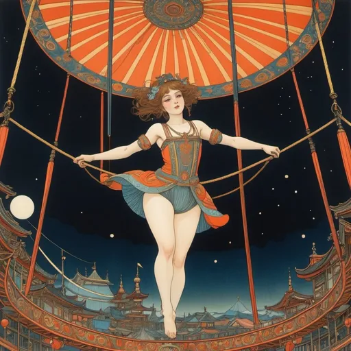 Prompt: Ivan Bilibin, Rotraut Susanne Berner, Surreal, mysterious, strange, fantastical, fantasy, Sci-fi, Japanese anime, circus in a box, beautiful girl on a trapeze, perfect voluminous body, connecting spaces, detailed masterpiece 