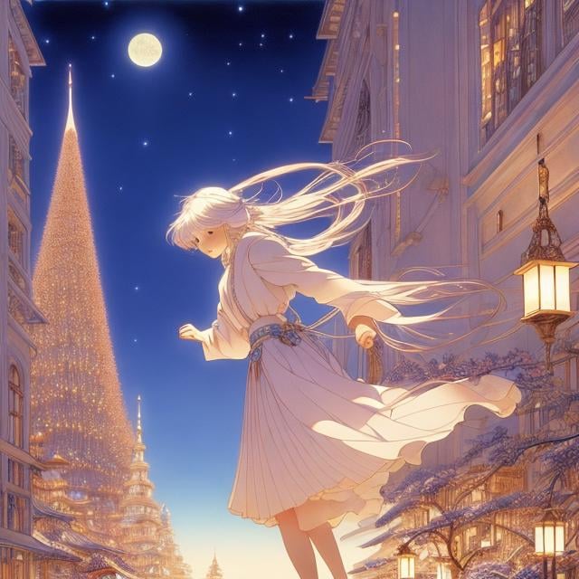 Prompt: Mitsumasa Anno, Franklin Booth, Margaret Tarrant, Surreal, mysterious, strange, fantastical, fantasy, Sci-fi, Japanese anime, Traveler of the Holy Night, Return to the world on paper, Guide cat's fare, Beautiful girl in a miniskirt running on an overhead wire, perfect voluminous body, detailed masterpiece 