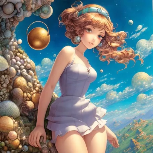 Prompt: Tony DiTerlizzi, Achille Mauzan, Surreal, mysterious, strange, fantastical, fantasy, Sci-fi, Japanese anime, invisible years, the shell of Jupiter, the miniskirt beautiful girl in the cafe, perfect voluminous body, detailed masterpiece 