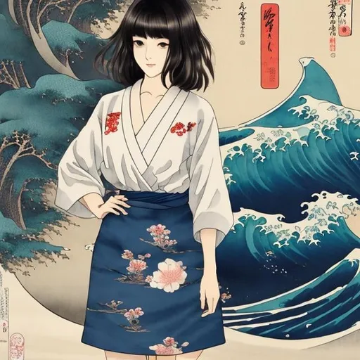 Prompt: Katsushika Hokusai, Keiko Takemiya, Mysterious Watercolor Woodblock Anime Mini Skirt Beautiful Girl Alice Alice Loves Ramen Shinjuku Stall Tsukiyo, detailed masterpiece 