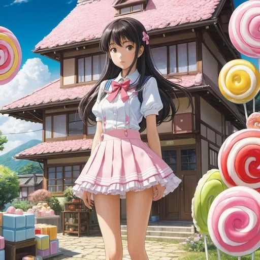 Prompt: Aquirax Uno, Shinichi Fukuda, Surreal, mysterious, strange, fantastical, fantasy, sci-fi, Japanese anime, miniskirt beautiful girl who builds a house made of sweets, sweets are a different matter, detailed masterpiece 