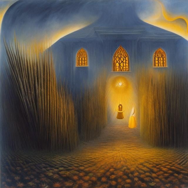 Prompt: Remedios Varo, Molly Brett, Surreal Anime Mysterious Weird Fantastic Fantasy Sci-Fi Fantasy You are the ruler of the flesh and blood mask, the universe, the beating of your wings, you who bear the name of a human being Burning heat and strife Turning backwards across the ocean, we walk southward Go ahead