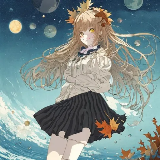 Prompt: Charles Doyle, Francis’s picabia, Kate Greenaway style, Japanese anime Time Machine, fall leaves, miniskirt Japanese high school girl, ocean, galaxy, huge moon, strange sci-fi fantasy hyperdetailed high resolution high definition high quality masterpiece