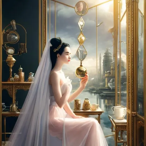 Prompt: PERDITA SINCLAIR, Mabel Attwell, Surreal, mysterious, strange, fantastical, fantasy, Sci-fi, Japanese anime, miniskirt beautiful girl iconology, physics of vision, perspective drawing, perspective, mirror reflection, 3D geometry, tea at a cafe, detailed masterpiece 