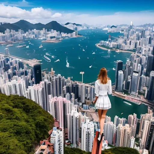 Prompt: Walter Crane, Evgenia Malina, Surreal, mysterious, strange, fantastic, fantasy, sci-fi, Japanese anime, biplane flying over the magical city of Hong Kong, beautiful high school girl in a miniskirt looking up from the top of a high-speed building, perfect voluminous body, wide-angle bird's-eye view, detailed masterpiece 