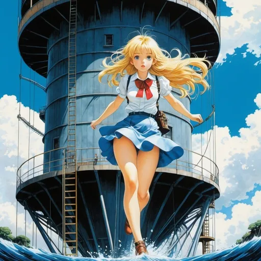 Prompt: Katsuhiro Otomo, Richard Doyle, Elena Odriozola, Yuko Higuchi, Conor Busuttil, Surrealism, wonder, strange, bizarre, fantasy, Sci-fi, Japanese anime, perpetual motion machine in the attic, beautiful blonde girl Alice in a miniskirt climbing the water tower, perfect voluminous body, detailed masterpiece 