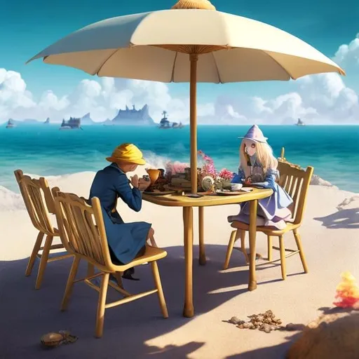 Prompt: Aquirax Uno, Anton Pieck, Surreal, mysterious, bizarre, fantastical, fantasy, Sci-fi, Japanese anime, a key tree growing from the ground, a geyser of cream puffs, a beautiful blonde miniskirt girl Alice having tea with Mr. Cat under a beach umbrella, perfect body, detailed masterpiece 