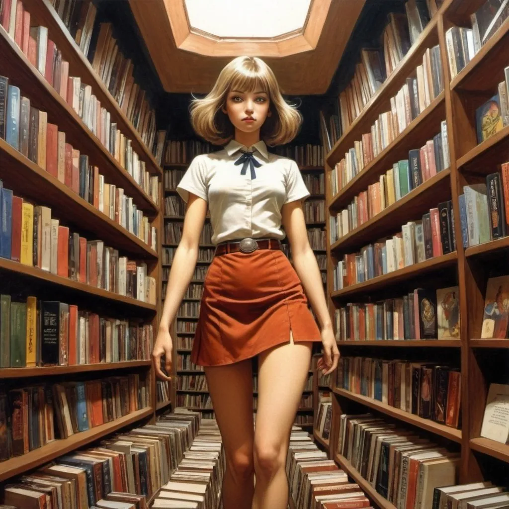 Prompt: Sonja Danowski, Diane Dillon, Surreal, mysterious, strange, fantastical, fantasy, Sci-fi, Japanese anime, Mars descending on a used bookstore, rocket launch, miniskirt beautiful girl's promenade, perfect voluminous body, detailed masterpiece 