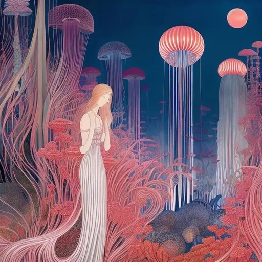 Prompt: Kay Nielsen, Anne Anderson, Koloman Moser, Adrienne Segur, fallen angel girl, night in Tokyo, jellyfish, red mars, panorama, hand drawn illustration 