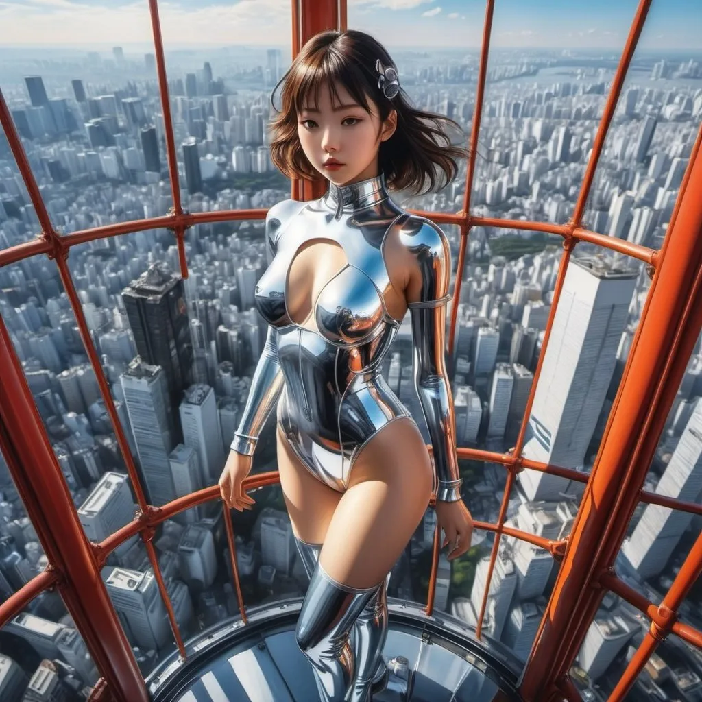 Prompt: Naoyuki Kato, Hajime Sorayama, Stanislas Mateusz Ignacy Wyspianski, Surreal, mysterious, strange, fantastical, fantasy, Sci-fi, Japanese anime, architecture, science and technology, art, urban issues, beautiful girl in a diving suit in Tokyo Tower, perfect voluminous body, detailed masterpiece 