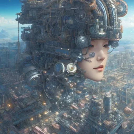 Prompt: Katsuhiro Otomo, Kate Greenaway, Margaret Tarrant, Japanese Anime, Mysterious Bizarre Fantastic Surreal Sci-fi Fantasy Proliferating Machines Machine Life Network Future City Tokyo Girl on a motorcycle, super fine lines, detailed face, detailed hands, hyper detailed high resolution high definition high quality masterpiece, girl turning head slightly to look at viewer directly