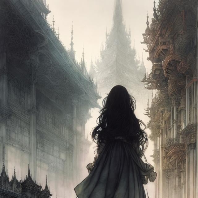 Prompt: Arthur Rackham, DaisukeRichard, Surreal, mysterious, strange, fantastical, fantasy, Sci-fi, Japanese anime, kaleidoscope city, miniskirt beautiful girl drawing architectural drawings, perfect voluminous body, reflection and symmetry, detailed masterpiece 