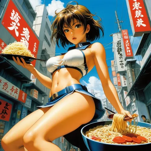 Prompt: Masamune Shirow, Katsuhiro Otomo, Ron Walotsky, Surrealism Mysterious Bizarre Fantastic Fantasy Sci-Fi, Japanese Anime, Ramen War, Miniskirt Beautiful High School Girl Soldiers LoveEating Ramen Noodles, perfect voluminous body, You Can't Fight If You're Hungry, detailed masterpiece low high angles perspectives 