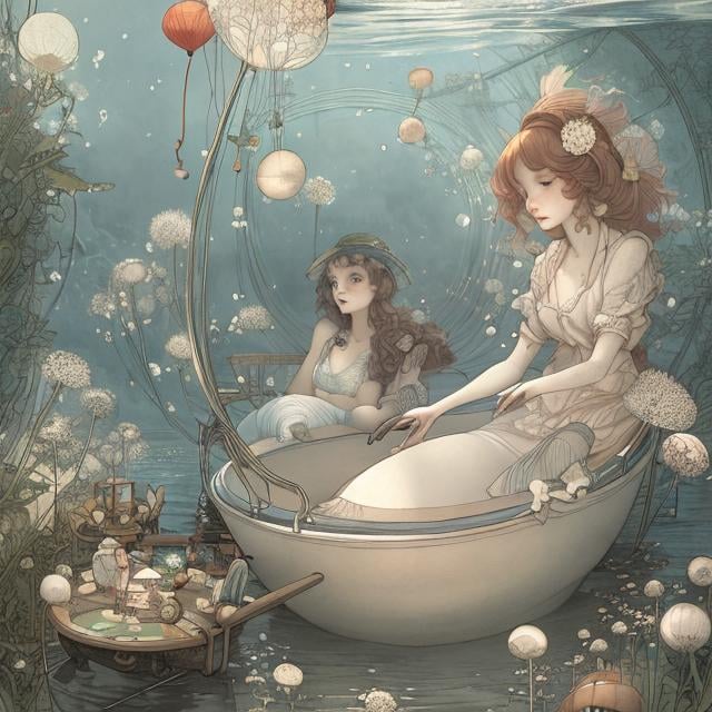 Prompt: Randy Vargas, Heath Robinson. Kate Greenaway, Japanese anime, manga lines, Circular Theater, Dandelion parachute,  Mars sinking into the bathtub, girl Alice, hyperdetailed high high definition high resolution high quality masterpiece 