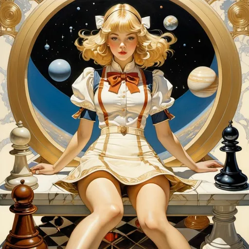 Prompt: Frank Leyendecker, Katsuya Terada, Maximilian Pirner, Coles Phillips, Mutsumi Inomata, Surrealism, wonder, strange, fantastical, fantasy, Sci-fi fantasy, anime, marble games, or calculating the orbits of the planets and the beautiful blonde miniskirt girl Alice, perfect voluminous body, the plains of chess, detailed masterpiece low high angles perspectives 