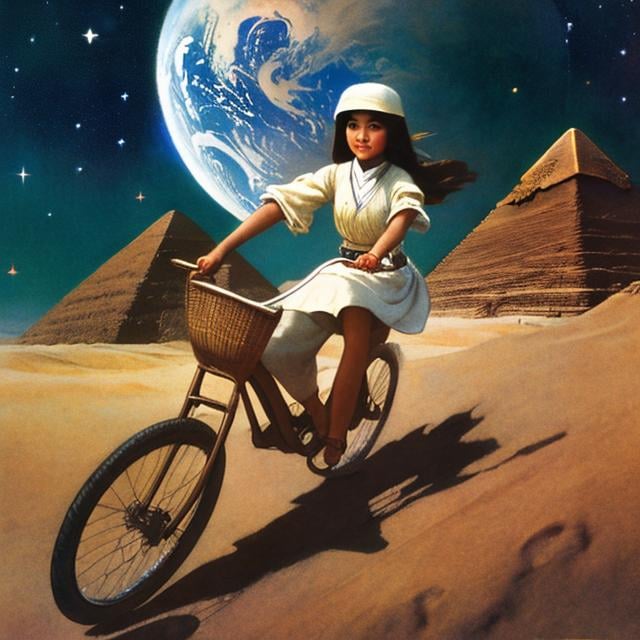 Prompt: Jessie Willcox Smith, Sulamith Wülfing, Kate Greenaway, 　wondrous　strange　Whimsical　Sci-Fi FantasyJapanese high schoolgirl climbing the pyramids of Giza on a bicycle　a beauty girl　solo girl a moon　Milky Way　spacecraft, resolution masterpiece hyper detailed close up to girl