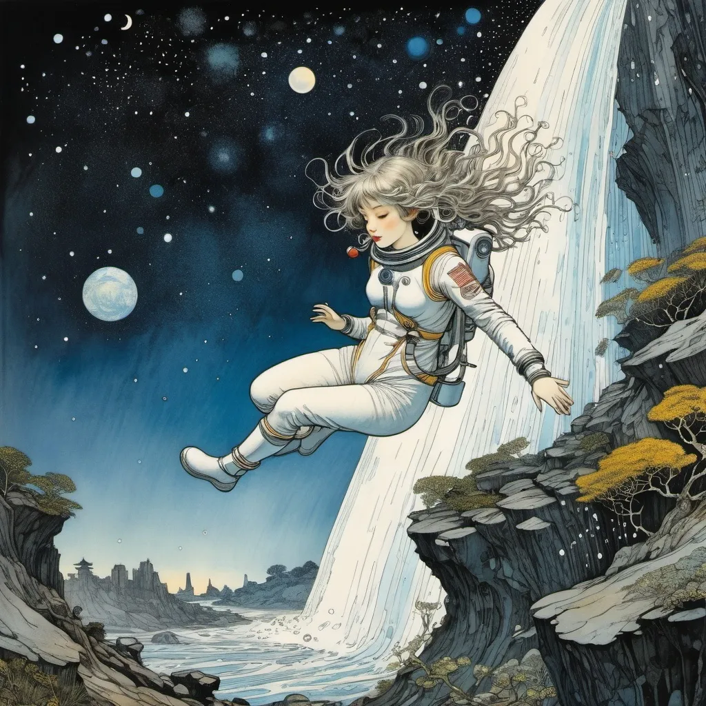 Prompt: Arthur Rackham, yuko Shimizu, Karel Teige, Alasdair Gray, Maurice Sendak, Surrealism, mysterious, strange, bizarre, fantasy, sci-fi fantasy, anime, beautiful girl in a space suit diving into the Milky Way, perfect voluminous body, becoming a waterfall and raining down on Tokyo, detailed masterpiece 