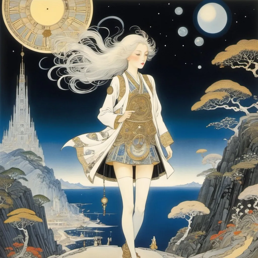 Prompt: Kay Nielsen, Walter Crane, Katsuya Terada, Leonora Carrington, Surrealism Mysterious Weird Fantastic Fantasy Sci-fi, Japanese Anime, Miniskirt Beautiful Girl Time Traveler's Bag, perfect voluminous body, map of time, detailed masterpiece 