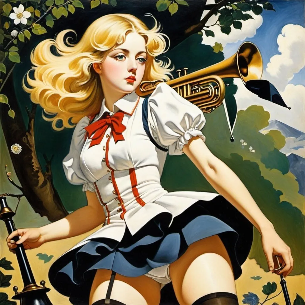 Prompt: Francis Picabia, Nicolas De Crecy, Surreal, mysterious, bizarre, fantastical, fantasy, Sci-fi, Japanese anime, Gabriel's Trumpet, thought experiment, blonde miniskirt beautiful girl Alice, perfect voluminous body, detailed masterpiece 