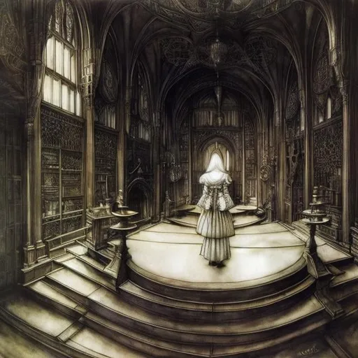 Prompt: Arthur Rackham, Paul Nash, Surreal, mysterious, bizarre, fantastical, fantasy, Sci-fi, Japanese anime, oval court theater, baroque opera of blonde miniskirt beautiful girl Alice, perfect voluminous body, magician, rabbit, dragon, queen of hearts, bird's eye view, three-dimensional composition, detailed masterpiece 