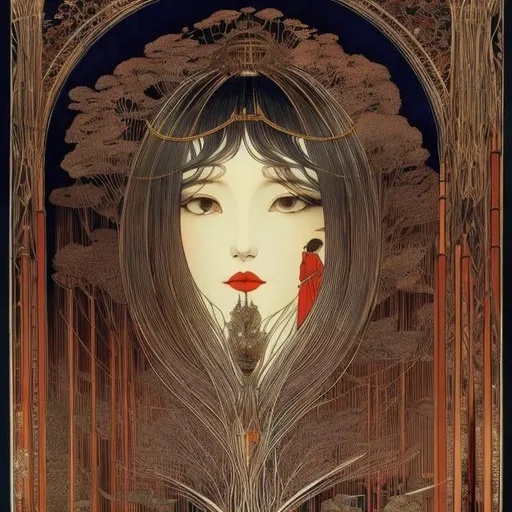 Prompt: Harry Clarke, Katsuhiro Otomo, Surreal, mysterious, strange, fantastic, fantasy, Sci-fi, Japanese anime, landscape connected to a mirror, wind chime tree, beautiful girl and cat, perfect voluminous body, detailed masterpiece 