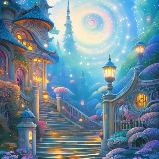 Prompt: Margaret Tarrant, Kate Greenaway, John Anster Fitzgerald, Ivan Bilibin, Japanese Anime Mysterious Bizarre Fantastic Surreal Sci-fi Fantasy Library, Beautiful Girl Fairy, Spiral Staircase Leading to Fairyland, Boy, hyperdetailed high resolution high definition high quality masterpiece