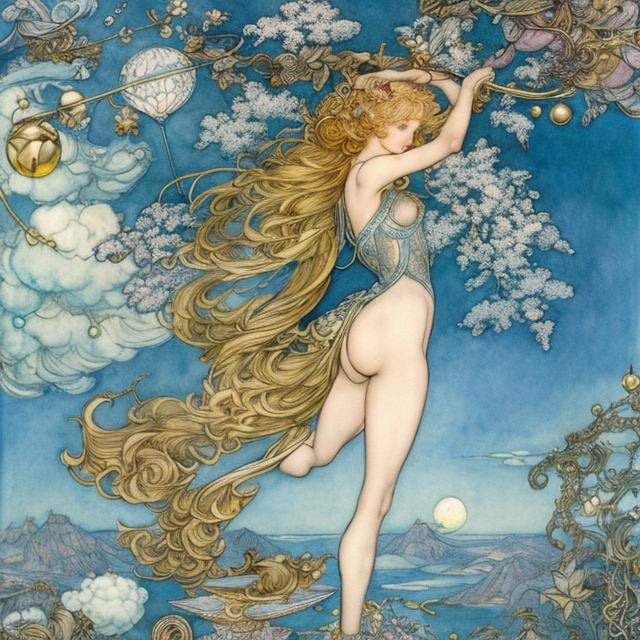 Prompt: Walter Crane, Arthur Rackham, James Jean, Surreal, mysterious, strange, fantastical, fantasy, Sci-fi, Japanese anime, snowflake parachute, beautiful blonde miniskirt girl Alice, perfect body, gently descending from space, detailed masterpiece bird’s eye view 