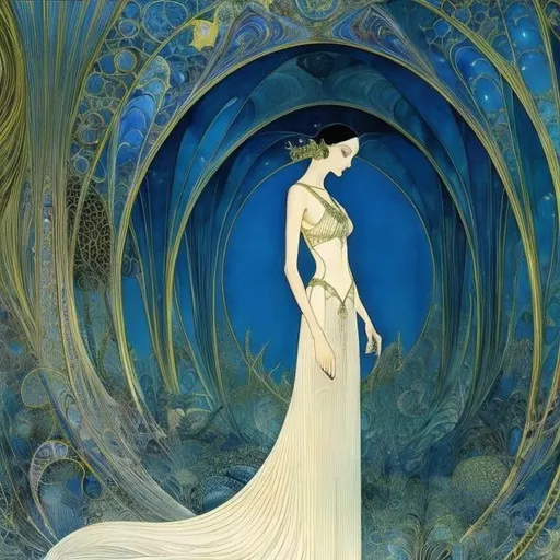 Prompt: Kay Nielsen, Harry Clarke, Mysterious, bizarre, surreal, bizarre, fantasy, Sci-fi, Japanese anime, perspective of a limestone cave, blueprint of Caprice, beautiful girl, perfect voluminous body, detailed masterpiece 
