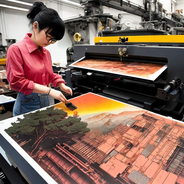 Prompt: Katsuhiro Otomo, Margaret Tarrant, Surreal, mysterious, strange, fantastical, fantasy, Sci-fi, Japanese anime, letterpress printing machine, workshop that prints miniskirt beautiful girl, details masterpiece 