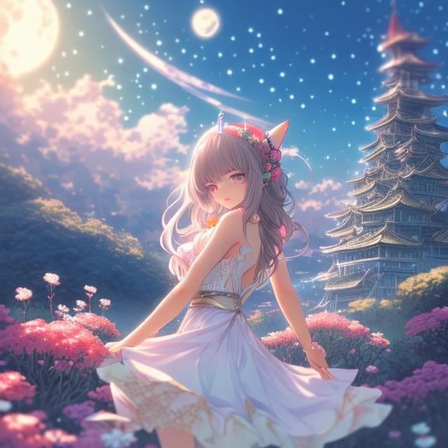 Prompt: Adrienne Segur Japanese Anime Sci-Fi Fantasy Strawberry Parfait sea side Moon Night solo girl detailed definition resolution quality