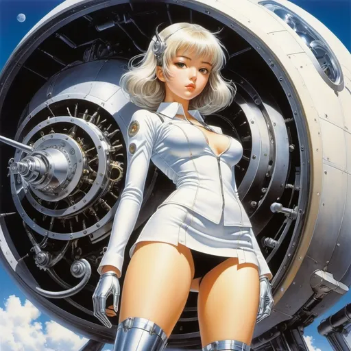 Prompt: Naoyuki Kato, Hajime sorayama, Jan Marcin Szancer, Anatol Petrytsky, Bob Larkin, Surrealism Mysterious Weird Fantastic Fantasy Sci-fi, Japanese Anime, Gear Blueprint, Winding the Earth's Screw, Miniskirt Beautiful High School Girl, perfect voluminous body, detailed masterpiece 