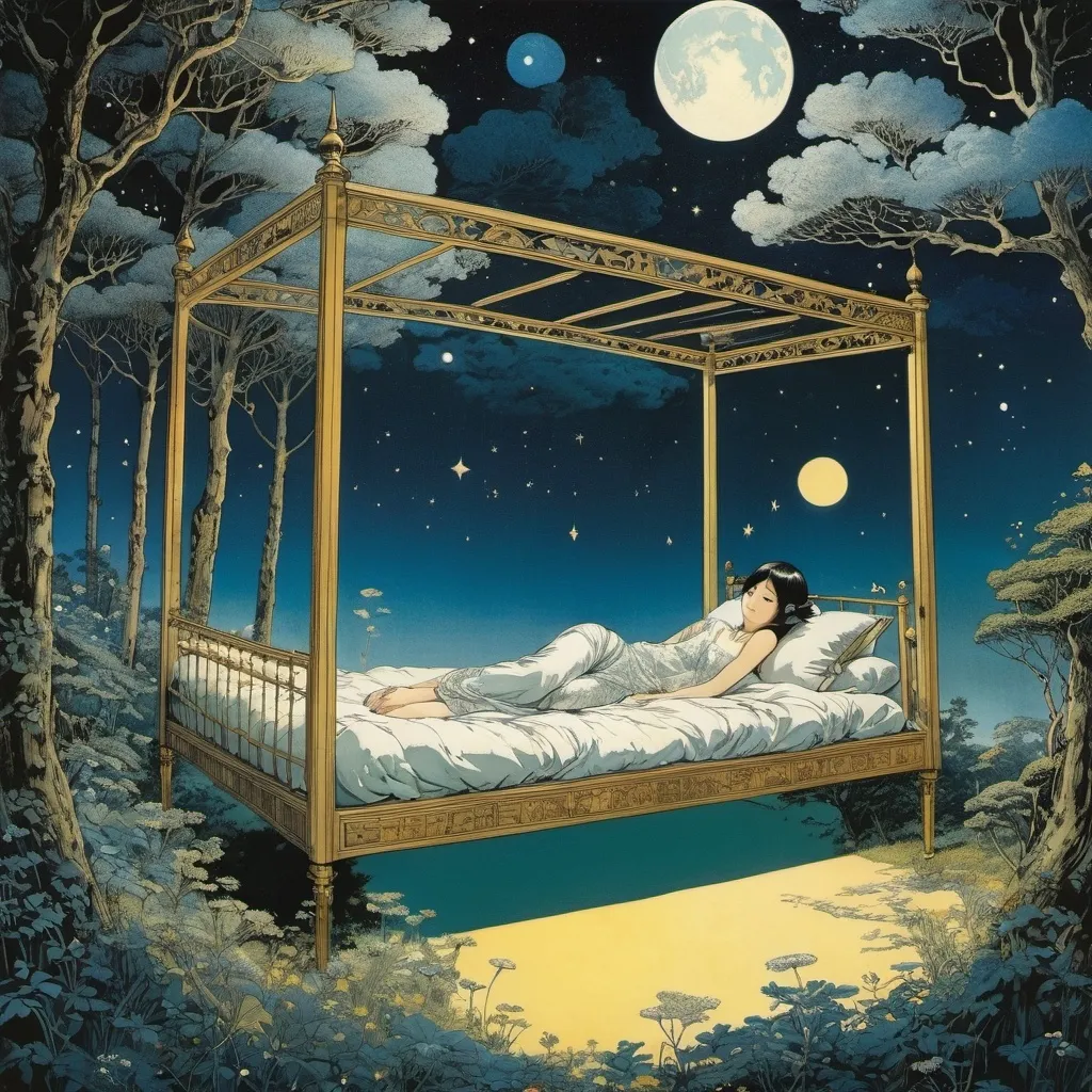 Prompt: Guido Balsamo Stella, Charles Ricketts, Chiho Saito, Charles Robinson, Yuko Shimizu, Surrealism, mysterious, strange, bizarre, fantasy, Sci-fi, Japanese anime, a flying bed on a sleepless night, a beautiful girl in pajamas, perfect voluminous body, a forest of clouds, a meadow of stars, detailed masterpiece 