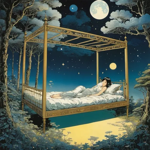 Prompt: Guido Balsamo Stella, Charles Ricketts, Chiho Saito, Charles Robinson, Yuko Shimizu, Surrealism, mysterious, strange, bizarre, fantasy, Sci-fi, Japanese anime, a flying bed on a sleepless night, a beautiful girl in pajamas, perfect voluminous body, a forest of clouds, a meadow of stars, detailed masterpiece 