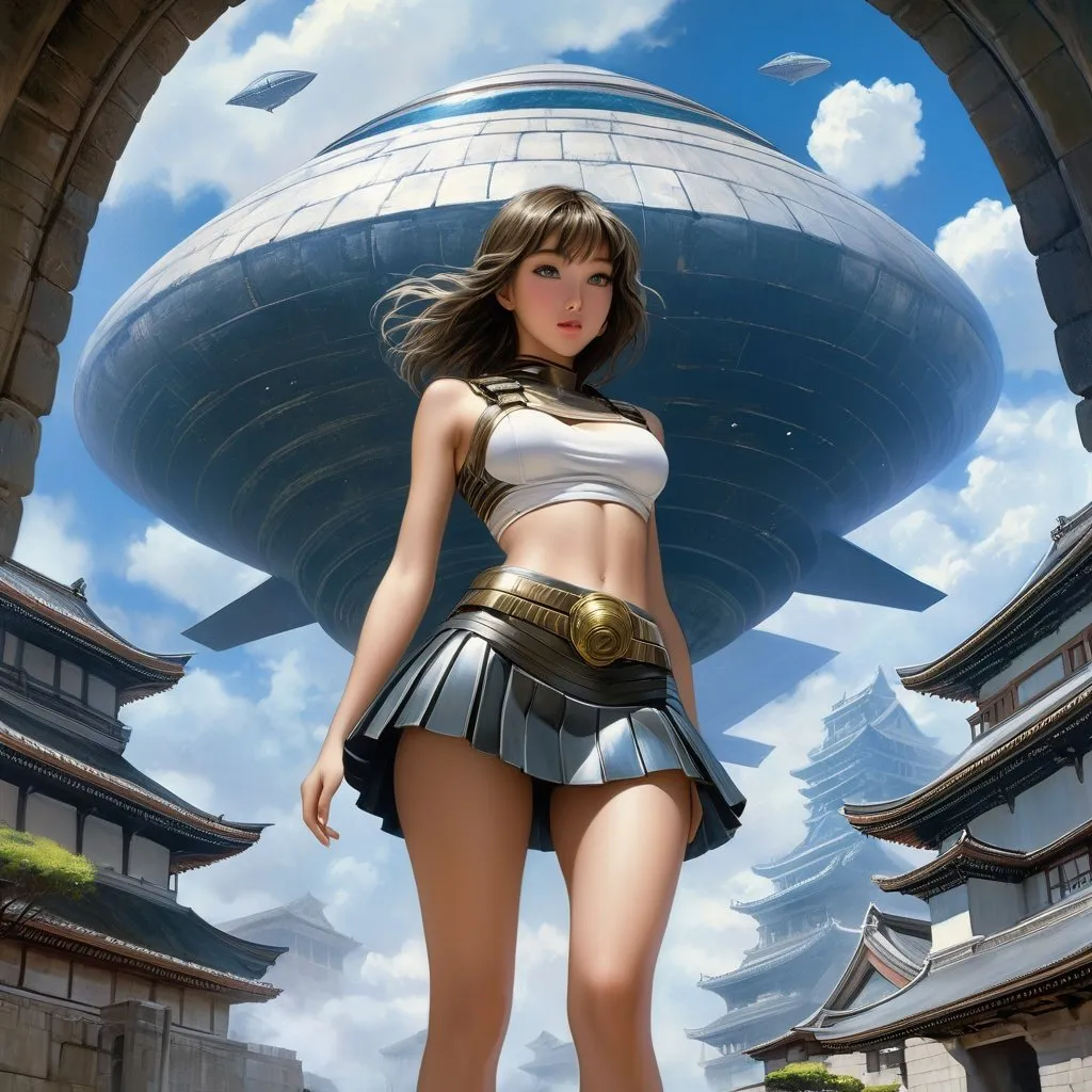 Prompt: Pierre Roy, Jim Burns, Surreal, mysterious, strange, fantastical, fantasy, Sci-fi, Japanese anime, ancient Roman spaceship, Piranesi's miniskirt beautiful girl, perfect voluminous body wide angles, detailed masterpiece 