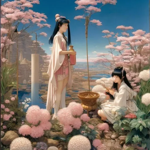 Prompt: Edward J Detmold, Yuki Kiriga, Surreal, mysterious, bizarre, fantastical, fantasy, Sci-fi, Japanese anime, fighting princesses, working girls, pop culture, deconstruction of technology and nature, innocent punishment and miniature gardens, magical girls, girl warriors, the hope of solidarity, overcoming divisions, detailed masterpiece 
