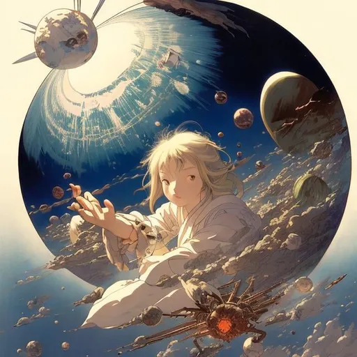 Prompt: Hayao Miyazaki,  Joseph Noel Paton, Jean Giraud, Adam Hughes, Japanese anime, Ship transporting Meteor, hollow sphere, girl’s out, cocktail, hyperdetailed high quality high definition high resolution masterpiece 