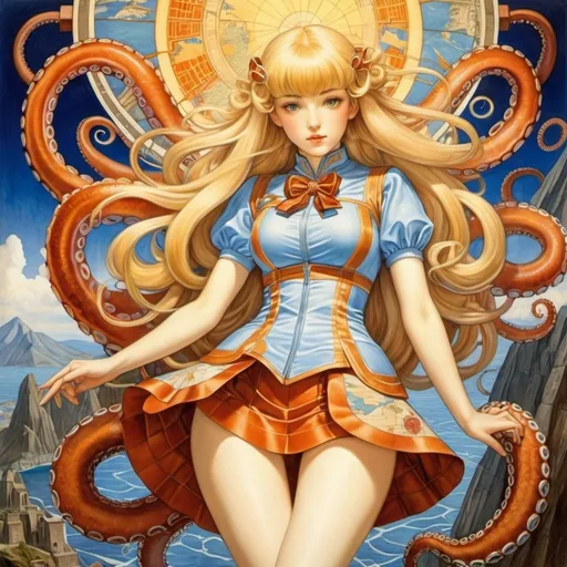 Prompt: Vittorio Giardino, Evelyn De Morgan, Phoebe Anna Traquair, Malcolm Smith, Surrealism Mysterious Weird Fantastic Fantasy Sci-Fi, Japanese Anime, Octopus, Map, and Blonde Miniskirt Beautiful Girl Alice, perfect voluminous body, Electric Transformer, detailed masterpiece 