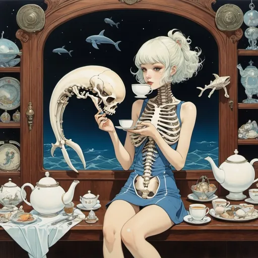 Prompt: George Barbier, Dorr Bothwell, Claire Wendling, Kore Yamazaki, Ivan Bolivian, Surrealism, wonder, strange, bizarre, fantasy, Sci-fi, Japanese anime, whale skeleton specimen, miniskirt beautiful high school girl having tea, perfect voluminous body, seashell collecting and cat, satellite orbit model, detailed masterpiece 