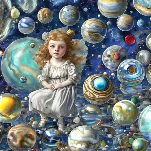 Prompt: Margaret Tarrant, Dali Kate Greenaway Whimsical　Sci-Fi Fantasy　Solar system in marbles　Girl peeking at marbles Hyperdetailed high resolution high definition high quality masterpiece