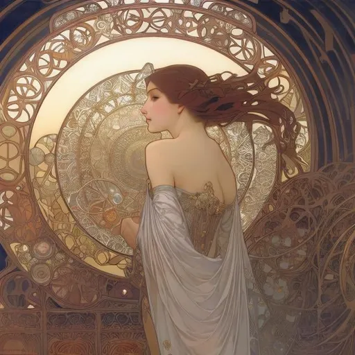 Prompt: Alphonse Mucha, Frank Pape, Katsuya Terad, Surreal, mysterious, strange, fantastical, fantasy, Sci-fi, Japanese anime, towering mathematical formulas, geometric universe, Tokyo scenery, miniskirt beautiful girl, machine that creates the starry sky, detailed masterpiece 