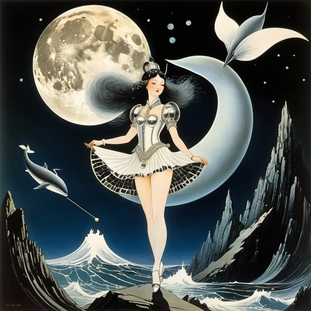 Prompt: Kay Nielsen, Basil Gogos, Alberto Savinio, James Gurney, Leonor Fini, Surrealism, wonder, strange, fantastical, fantasy, Sci-fi, Japanese anime, mineral radio in the kitchen, whales traveling around the moon, chivalry of a miniskirt beautiful female knight, perfect voluminous body, detailed masterpiece 