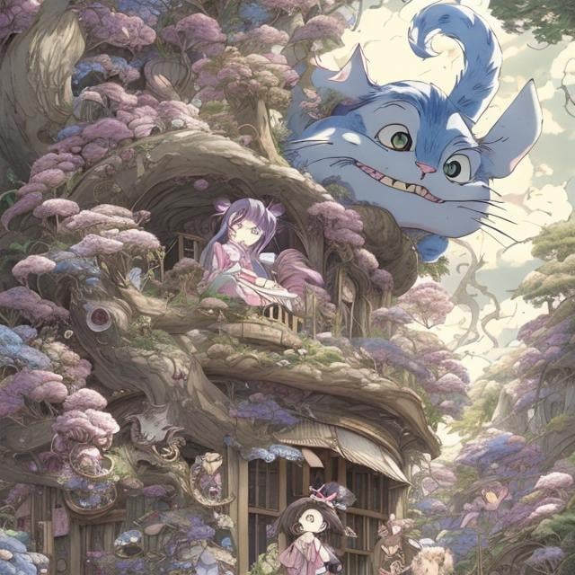 Prompt: Hayao Miyazaki Japanese Anime　Whimsical　fanciful　Girl Alice　Study room at home　Door opens and the Cheshire Cat peeks in Hyper detailed high resolution high quality high definition masterpiece