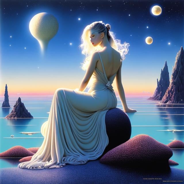 Prompt: Michael Whelan, Shinya Komatsu, Mysterious, strange, surreal, bizarre, fantasy, Sci-fi fantasy, mannequin beautiful girl, sea of ​​stars, radio, geometry of the earth, detailed masterpiece 