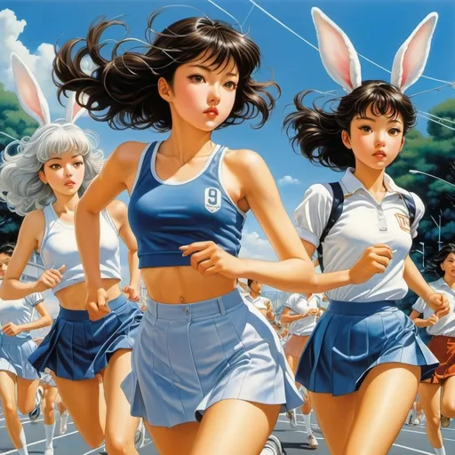 Prompt: Hajime Sorayama, Naoyuki Kato, Jan Sawka, Moto Hagio, Władysław T. Benda, Surrealism, wonder, strange, fantastical, fantasy, Sci-fi, Japanese anime, sports day on the clock face, miniskirt beautiful high school girl in a running race with rabbit, perfect voluminous body, goal in, detailed masterpiece dynamic action poses angles low high perspectives 