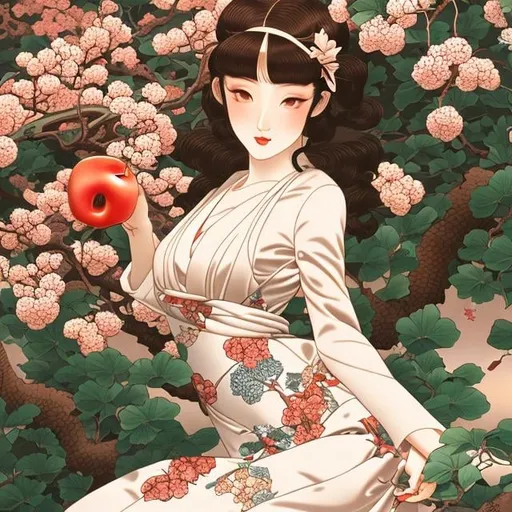 Prompt: Ukiyo-E style, Sydney Sime, Japanese anime, Katsuhiro Otomo, manga lines, Eve, solo girl, beautiful face, perfect body tight dress, under apple Tree, holding an apple, huge snake, hyperdetailed, realistic, high resolution, high quality, high definition, masterpiece 