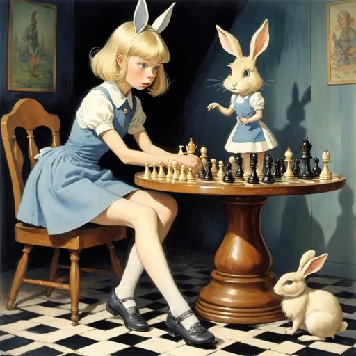 Prompt: Tove Jansson, Margaret Tarrant, Surreal, mysterious, bizarre, fantastical, fantasy, Sci-fi, Japanese anime, chess tower, beautiful blonde miniskirt girl Alice, perfect voluminous body, looking for a tea party, a rabbit walking on two legs wearing clothes, detailed masterpiece 