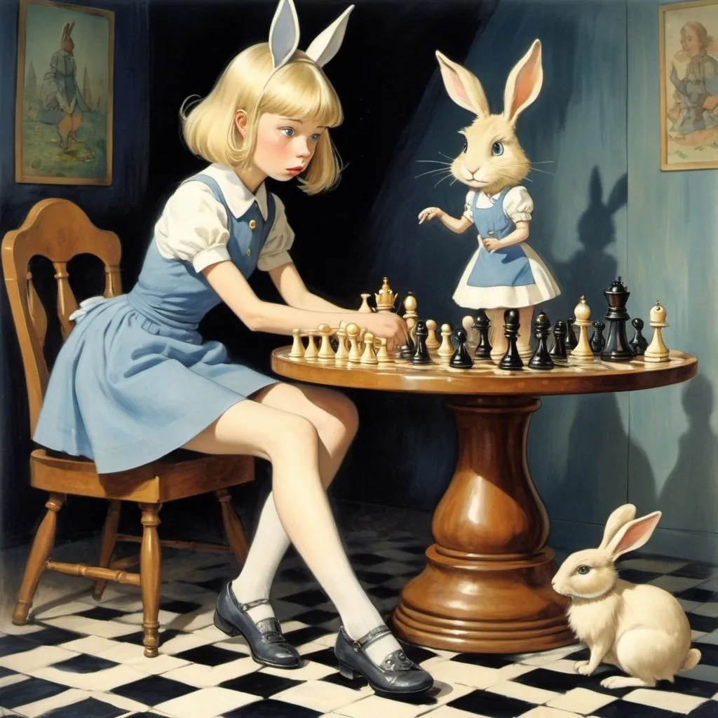 Prompt: Tove Jansson, Margaret Tarrant, Surreal, mysterious, bizarre, fantastical, fantasy, Sci-fi, Japanese anime, chess tower, beautiful blonde miniskirt girl Alice, perfect voluminous body, looking for a tea party, a rabbit walking on two legs wearing clothes, detailed masterpiece 