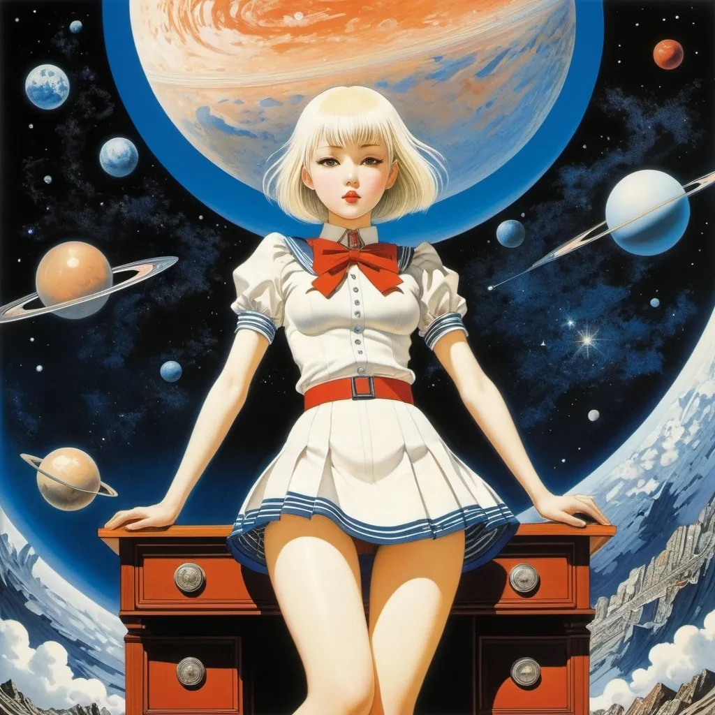 Prompt: Kay Nielsen, Gary Chaloner, katsuhiro Otomo, El Lissitzky, Eric Jolliffe, Surrealism, wonder, strange, bizarre, fantasy, Sci-fi, Japanese anime, wind-up train headed for Mars, beautiful high school girl in a miniskirt opens desk drawer and looks down into galaxy, perfect voluminous body, detailed masterpiece 